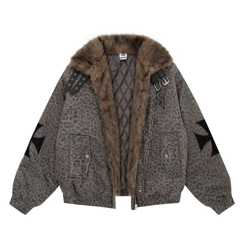 Magic Bear American Retro Leopard Print Padded Winter Cotton Jacket Couple Loose Fit Warm Coat