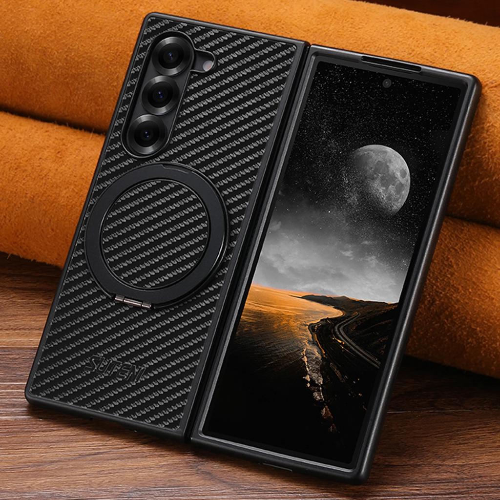 360° Rotating Ring Stand Phone Case for Samsung Galaxy Z Fold 7 6 5 Busine Magnetic Wireless Charging Carbon Fibre Protect Cover