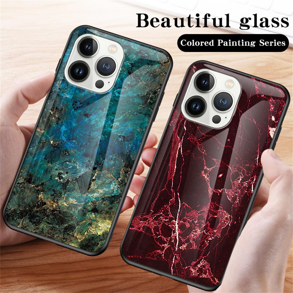 For iPhone 16 Pro Case Marble Pattern Tempered Glass+PC+TPU Protective Phone Cover