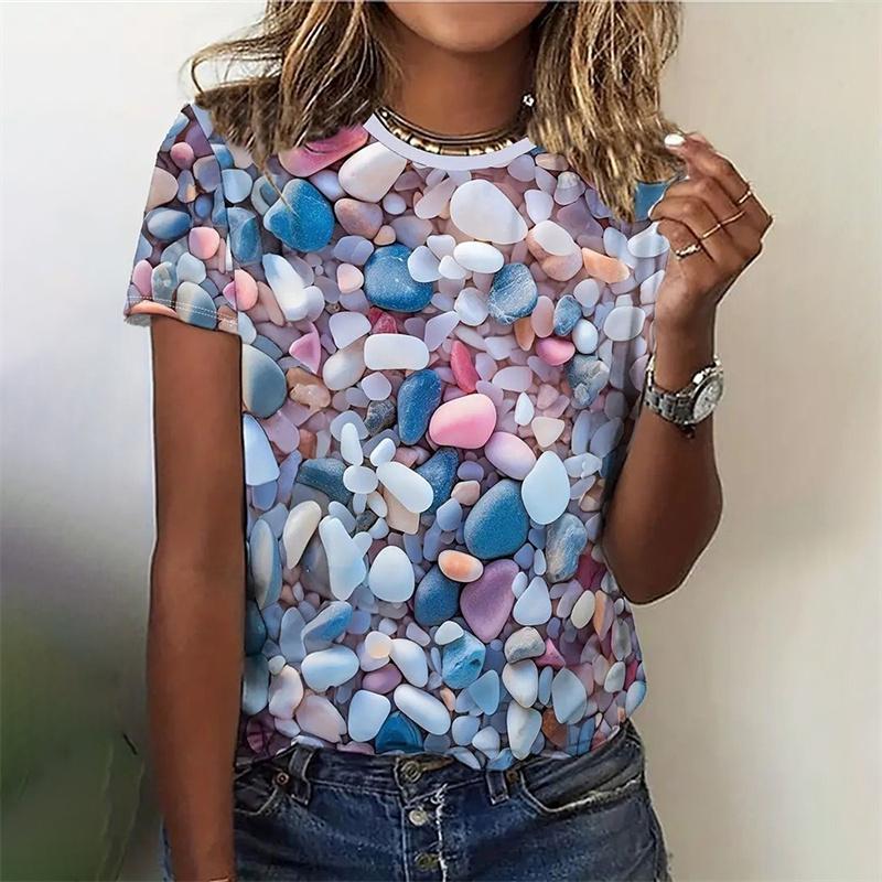 3D-gedrucktes Herz Liebe T-Shirt für Damen Bunte Glasmuster T-Shirts Sommer Freizeit T-Shirts Rundhals Oberteile Locker Kurzärmlig
