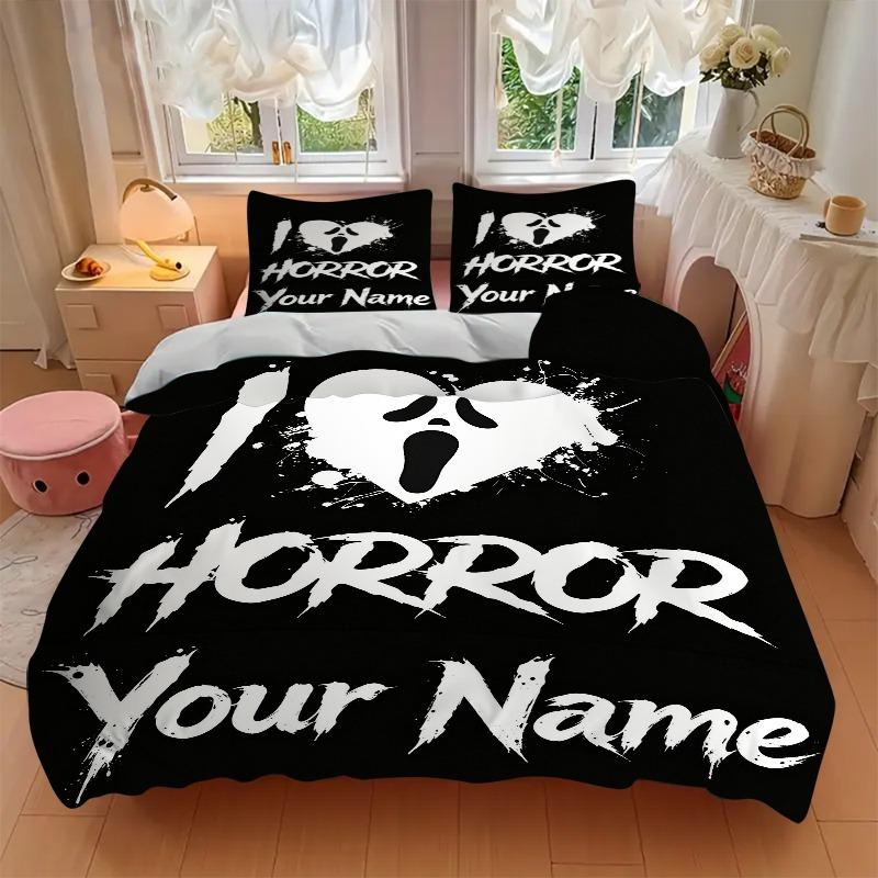 Custom Horror Heart Ghost Graphic Bedding Set Personalized Washable Custom 3Pcs Duvet Cover Pillowcases Soft Microfiber Home Bedroom Gift