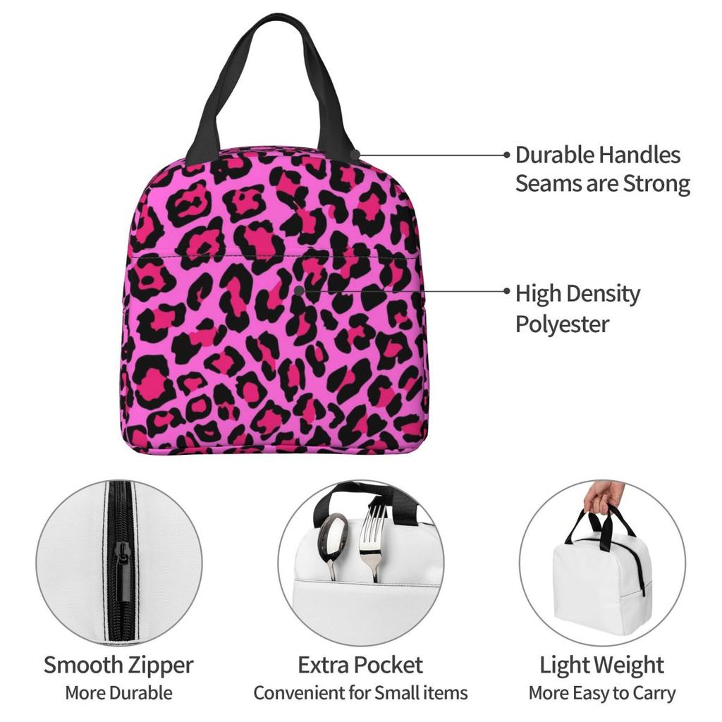 Hot Pink Leopard Print Insulated Lunch Bag for Women Office Cooler Thermal Food Box Tote Portable Lunch Boxes Container