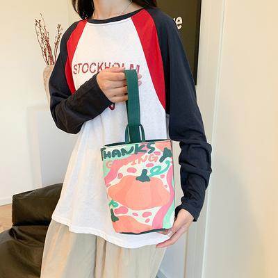 Original Illustration Portable Bucket Bag Handbag Going Out Snacks Canvas Bag Cute Going Out Small Bag