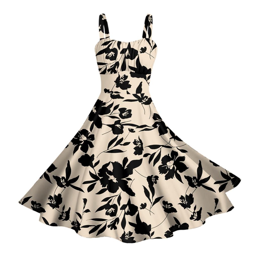 Damen Vintage Ärmellos Plissiert Patchwork Niedlich A-Linien Saum Blumendruck Kleider