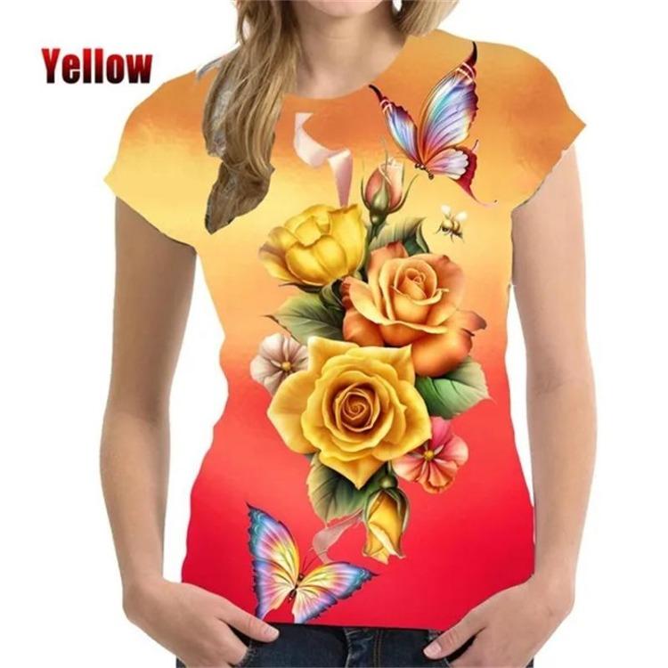 Harajuku Street Fashion Women's Short Sleeve 3D Flower Printed Rose T-shirt Clothing