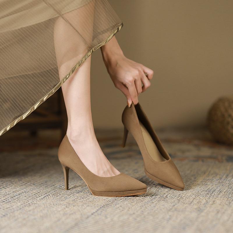 88- High Heels Women Autumn Suede Shallows Thin Heels Pointed Toe Single Shoes Waterproof Table Sexy Solid Color High Heels Women