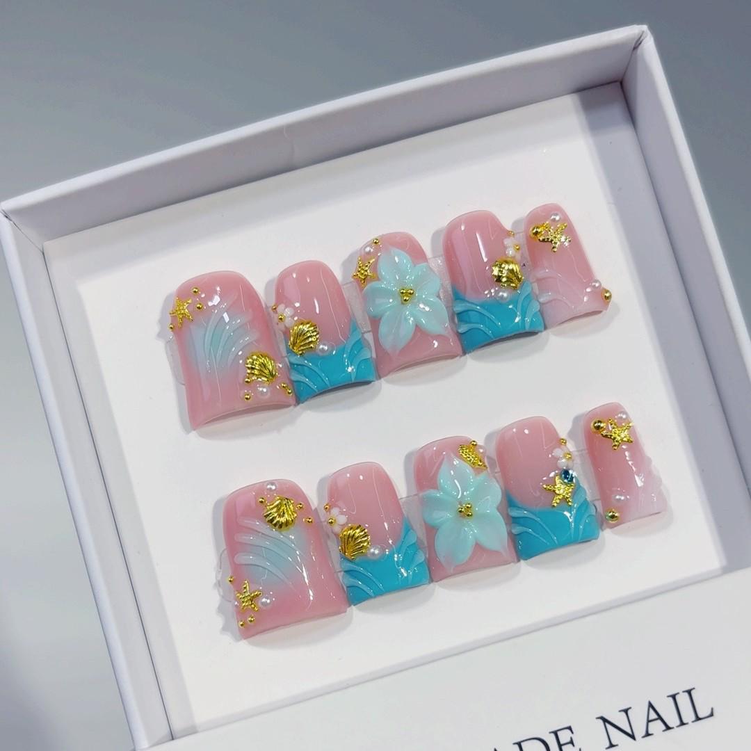 European Sweet & Spicy Duckbill Nail Set: Translucent Blush, Stereoscopic Carving, Handmade & Wearable XS