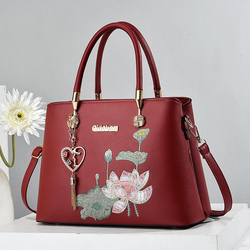 Women Embroidery Lotus Pattern Shoulder Bag Large Capacity Tote Handbag