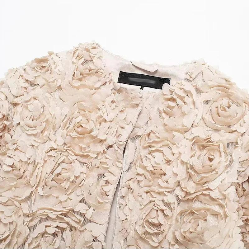 Street Short 3d Flower Lace Jacket Women Chic O-neck Long Sleeve Zipper Female Coats Autumn Lady All-match Outwears