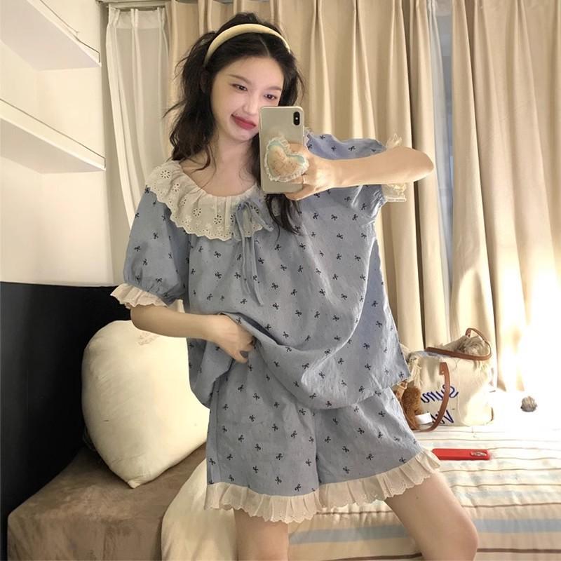 

Cloud cotton gauze pajamas women s summer short-sleeved suit princess style cute outer wear foreign trade French loungewear M