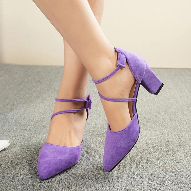 Fashion Block Heel Sandals Women's New Summer Pointed Toe Shallow Suede One-word Buckle Skinny Kitten Heel Baotou High Heels