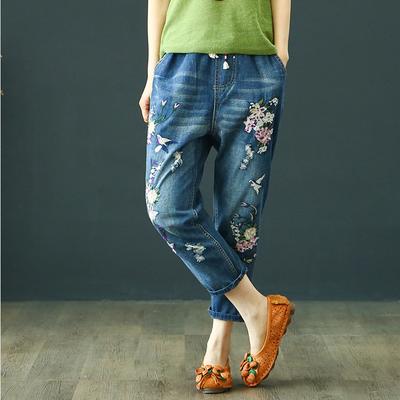 Autumn Womens Vintage Floral Loose Denim Pants Chinese Style Casual Ripped Blue Jeans Holes Elastic Harem Trousers