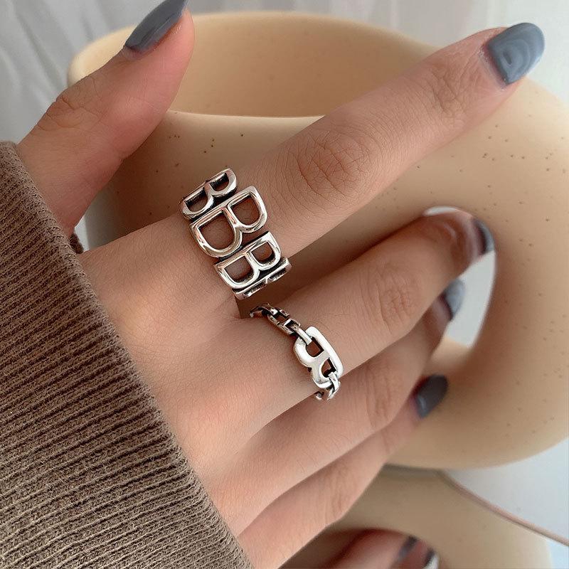 European American S925 Retro 'B' Letter Index Finger Ring - Women's Cold Style Tail Ring