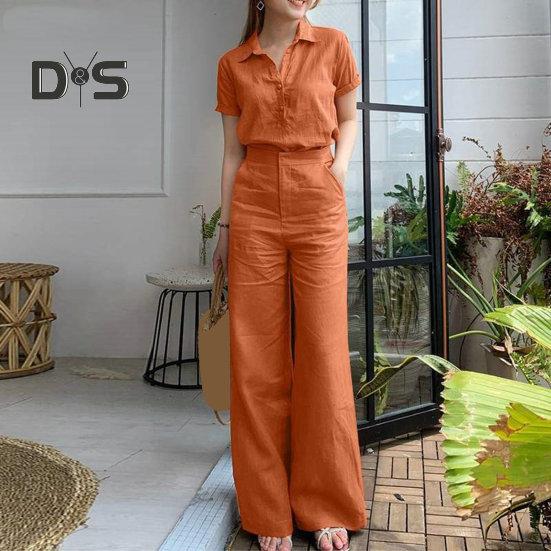 2Pcs/Set Women Pants Shirt Suit Lapel Short Sleeve Single breasted Wide Leg Loose Solid Color Pockets High Waist Lady Top Trousers Set
