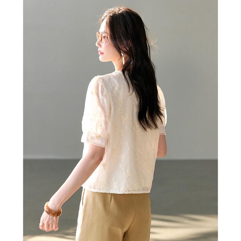 TERRE BLEUE Women's Lace Short-Sleeve Casual Shirt