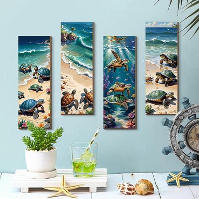 4 Stück Meeresschildkröte Wandkunst Bilder Handwerk Dekorative Holz Große Dekoration Kunstwerk für