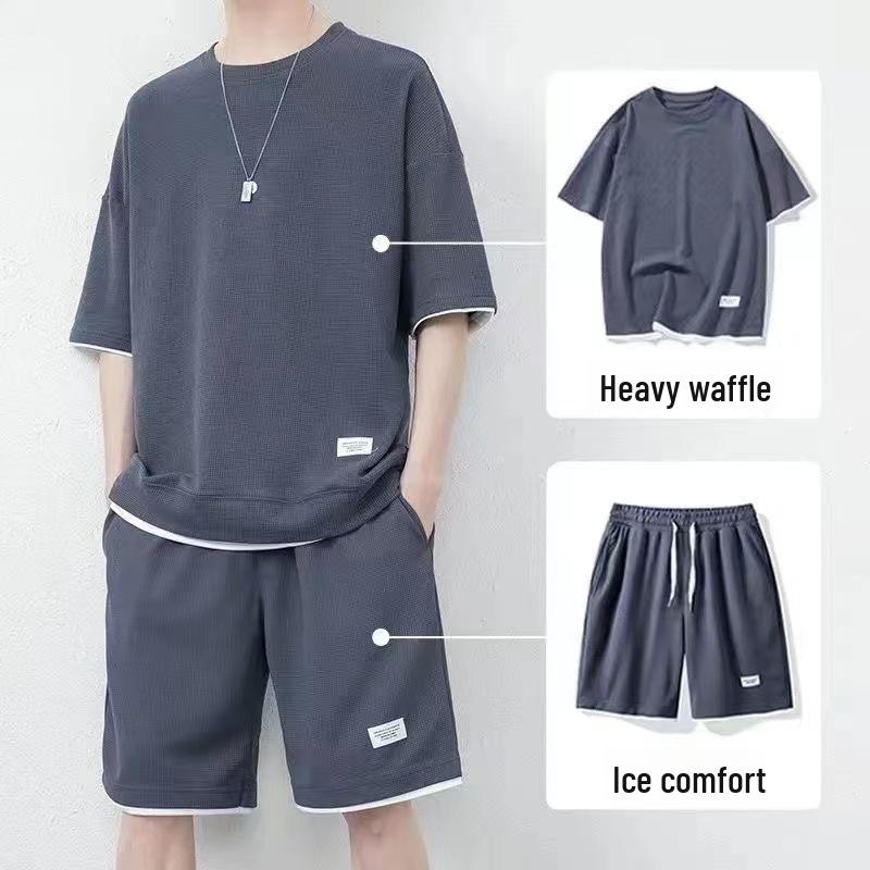 Herren Sommer Waffelstrick T-Shirt und Eisseide Shorts Set
