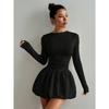 Women's Crew Neck Long Sleeve Mini Dress Slim Mid Waist Solid Bubble Skirt Bodycon Dress