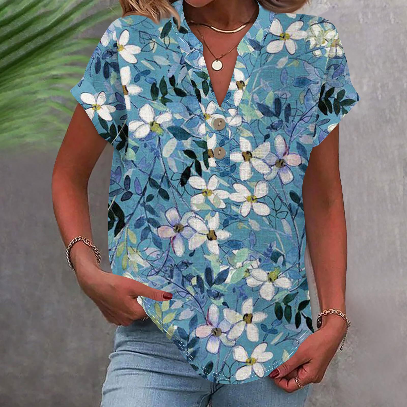 

Женская модная повседневная рубашка с v-образным вырезом и коротким рукавом с принтом, футболка на пуговицах, топ XL синий