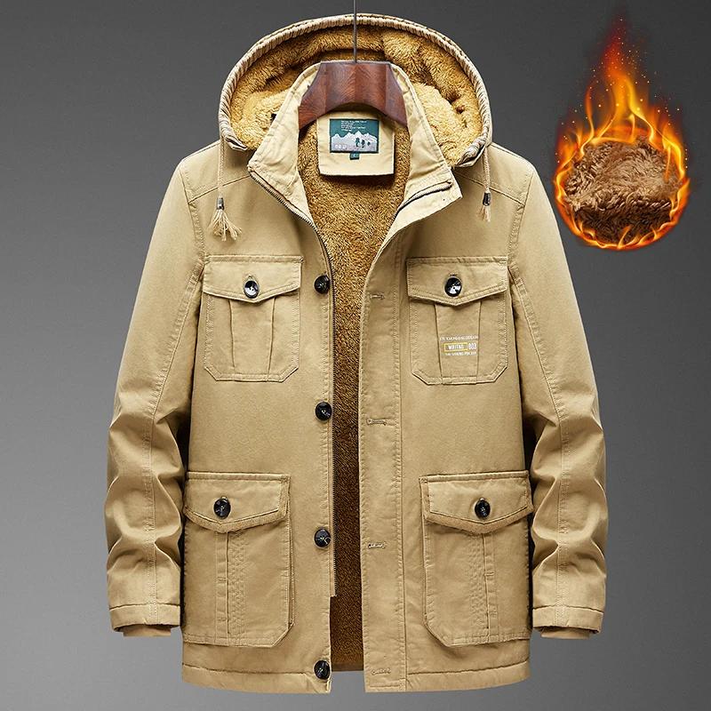 Men Winter Thick Warm Parka Coat Fleece Inside Linning Outdoor Parka Coat Hooded Windbreaker Military Thick Warm Outerwear