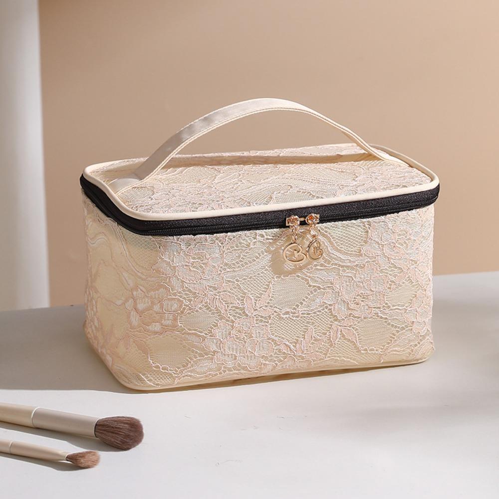 Makeup Bag Elegant Portable Makeup Bag Lace Floral Pattern Cosmetic Storage Bag Large Capacity with Handle Handbag for Women