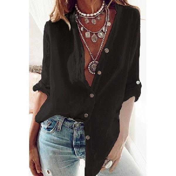 Spring Autumn Women Solid Color Cotton Linen Roll Up Long Sleeve Shirt Turn Down Collar Loose Oversize Tops