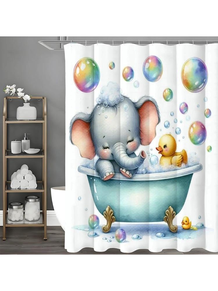Little Elephant Bath Tub Yellow Duck Bubble Shower Curtain, Bathroom Decorative Shower Curtain, Waterproof Shower Curtain With H W60H190(CM)-1 Pcs