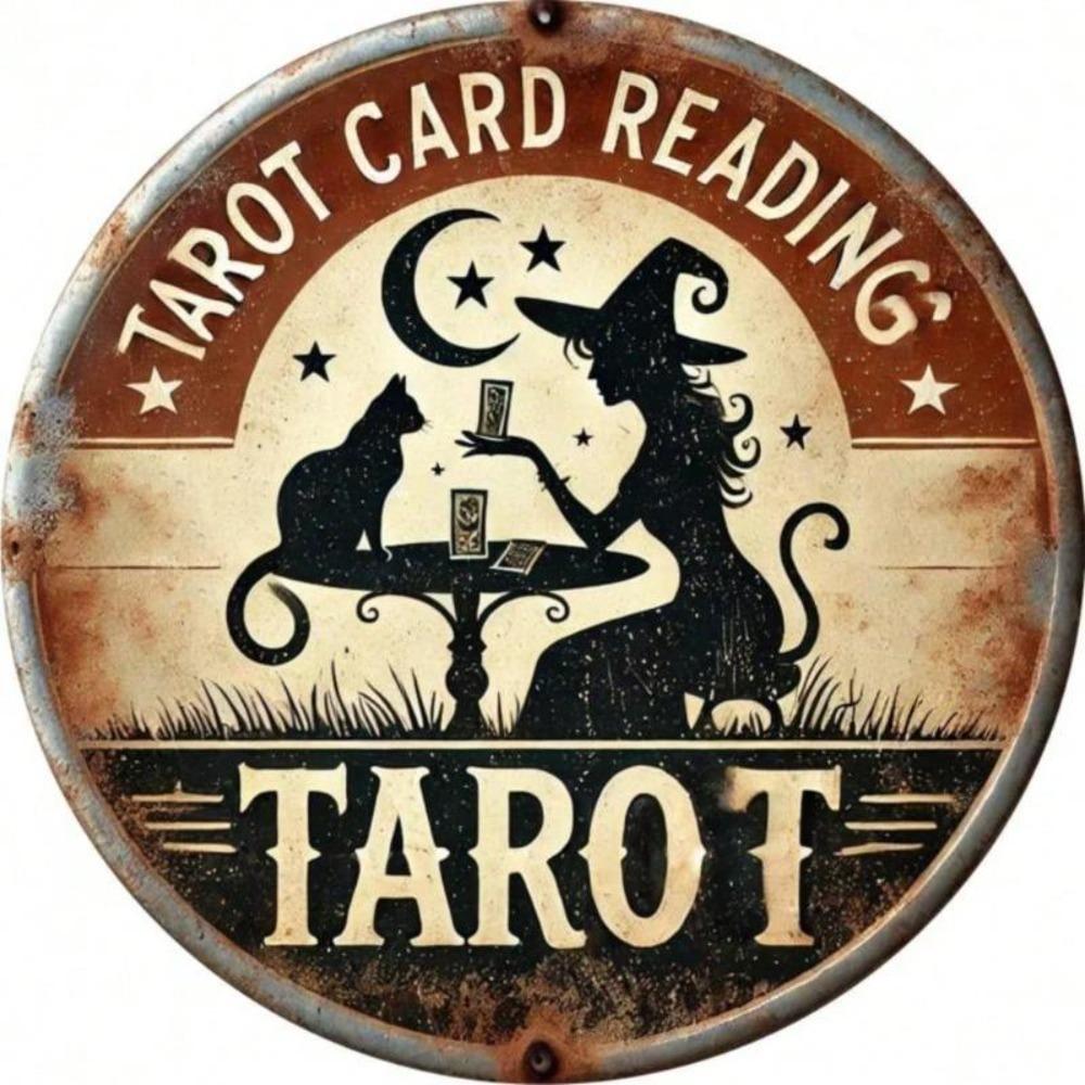 Metal Tarot Witch Cat Sign 1 Piece Vintage Iron Art Round Home Office Wall Decor 20cm