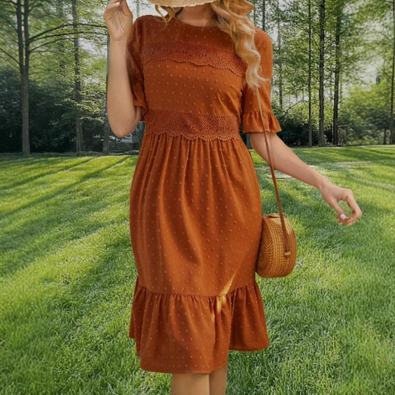 

Весенне-летнее женское платье с кружевной отделкой, круглым вырезом и рукавами-пеплум XXL оранжевый