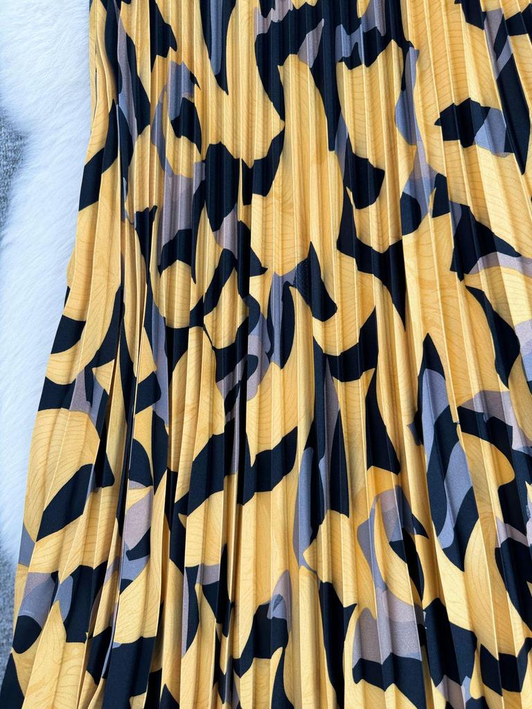 European & American Printed Pleated A-line Midi Skirt for Women - High-waisted, Versatile & Slimming