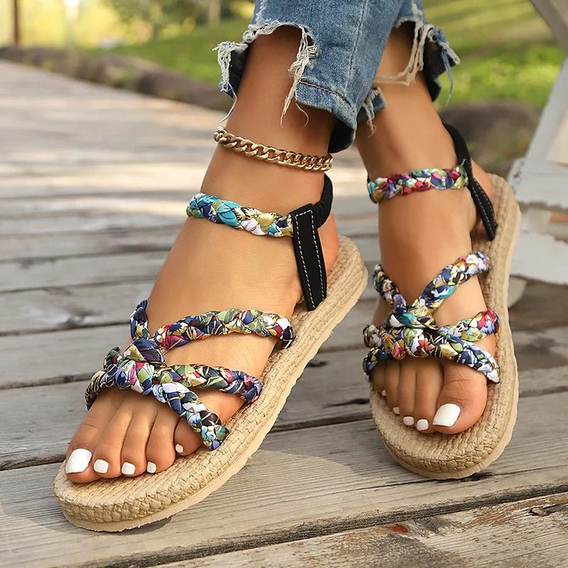 Fashion Women's Fashion Printed Woven Band Flat Sandals Bohemian Style Summer Beach Sandals for Women Lightweight Comfort Roman Shoes