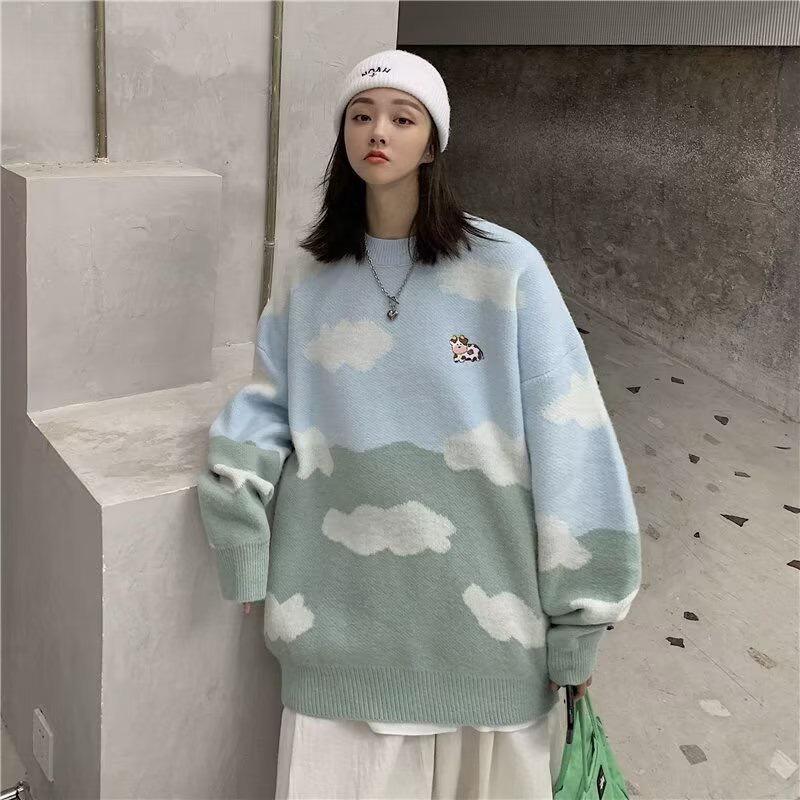 Unisex Retro Style Cartoon Cloud Sweater - Cozy and Loose Knitwear for Spring and Autumn