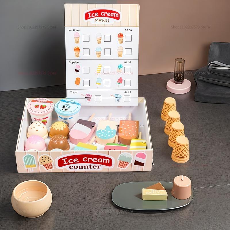 Ice Cream Counter Playset For Kids Montessori Pretend Play Food Toys Kitchen Accessories With Coin Role Play For Kids Girls Boys
