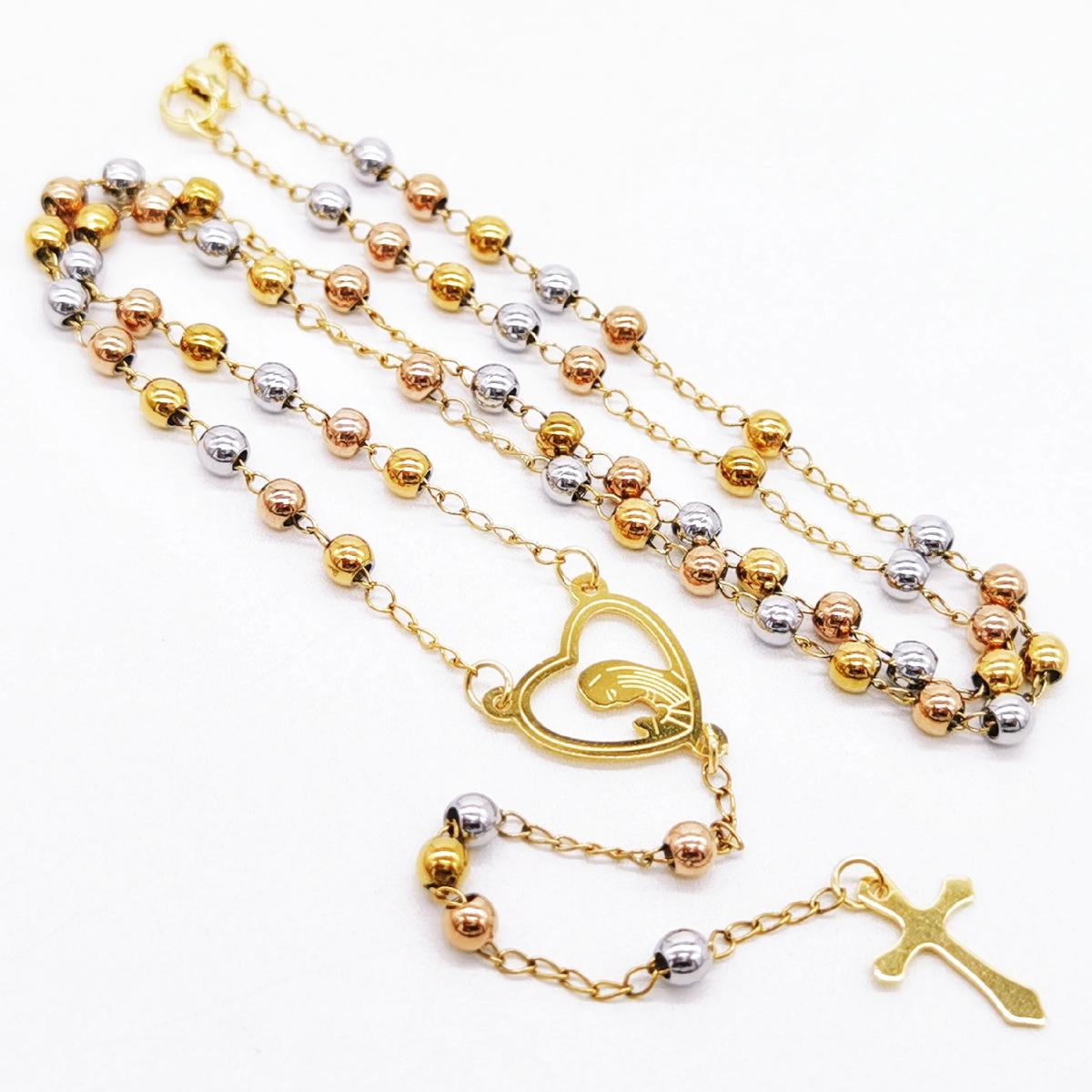 

Three-Color Elegant Gold, Rose, and Steel Cross Necklace with Round Beads Stainless Steel