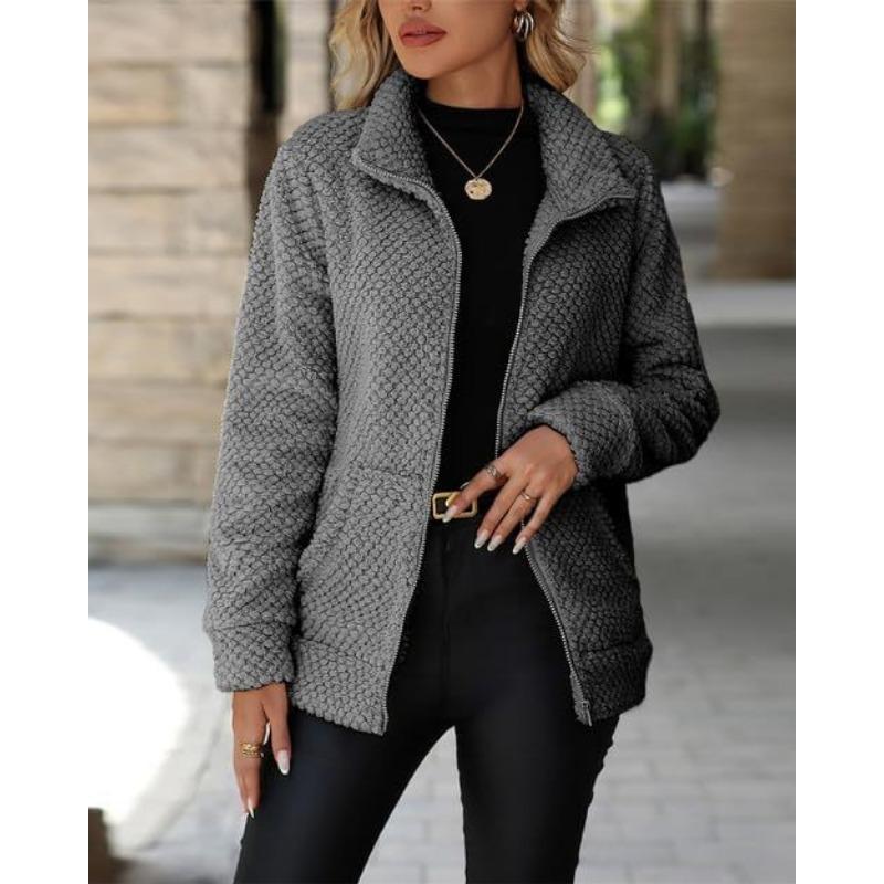 Women S Loose Casual Plush Coat With Pockets Lapel Zip Up
