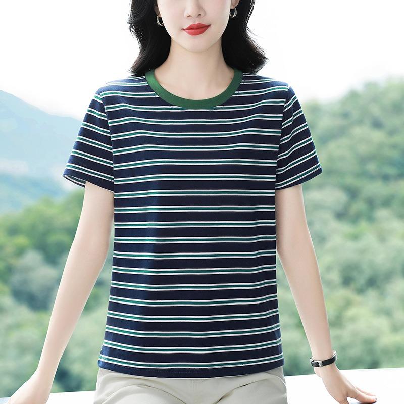 Striped Short-sleeved T-shirt Women's Round Neck Half-sleeved Shirt Summer Plus Size Loose Top
