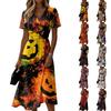 Women's Casual V Neck Short Sleeve Dress Halloween Print Midi Dress Comfortable Fit Lightweight Fabric