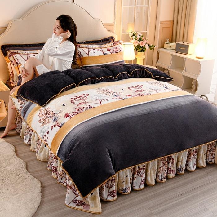 Thickened Milk Fleece Four-Piece Warm Double-Sided Coral Fleece Quilt Cover Flannel Sheet Bed Skirt Bedding