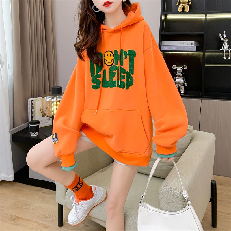 Women's Hooded Long Sleeve Oversized Casual Top Color Block Denim Splicing Letter Print Loose Fashion Hoodie Blouse