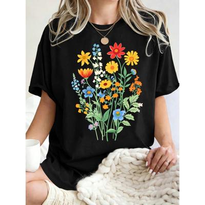 Schöne Blumen, die kräftig wachsen Druck Damen T-Shirt Lässig Locker T-Shirts Baumwolle Sportbekleidung Rundhalsausschnitt Kurzarm