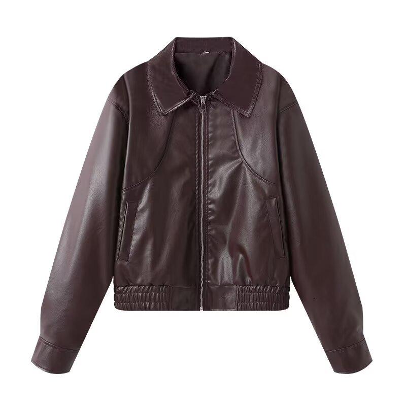 2024 Autumn/Winter Women's Street Fashion Faux Leather Lapel Jacket