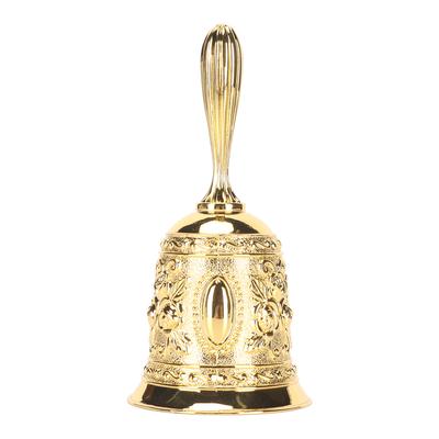 Campana de mano dorada con relieve, campana de llamada dorada para servicio de restaurante, campana de mano para bodas