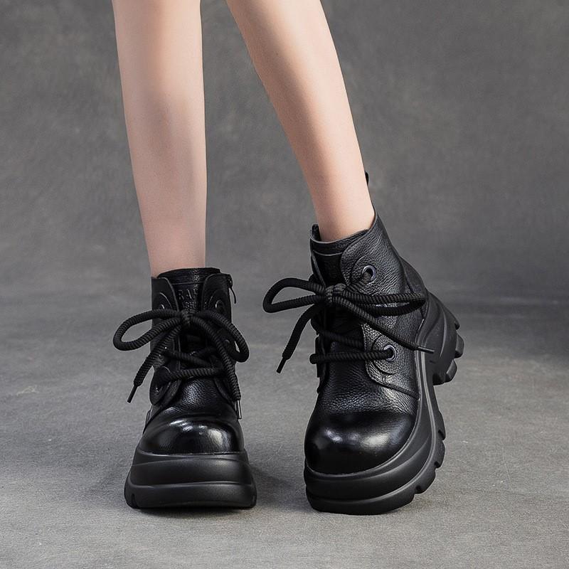 Johnature Round Toe Platform Short Boots Retro Genuine Leather Thick Soled Height Increase Women's Shoes