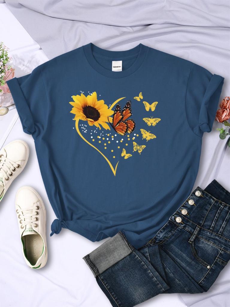 Einfache Damen T-Shirts Sonnenblumen Schmetterlinge Herz-Aufdrucke Kurzarm Bequem Weich O-Ausschnitt Oberteile Sommer Lässig Damenkleidung
