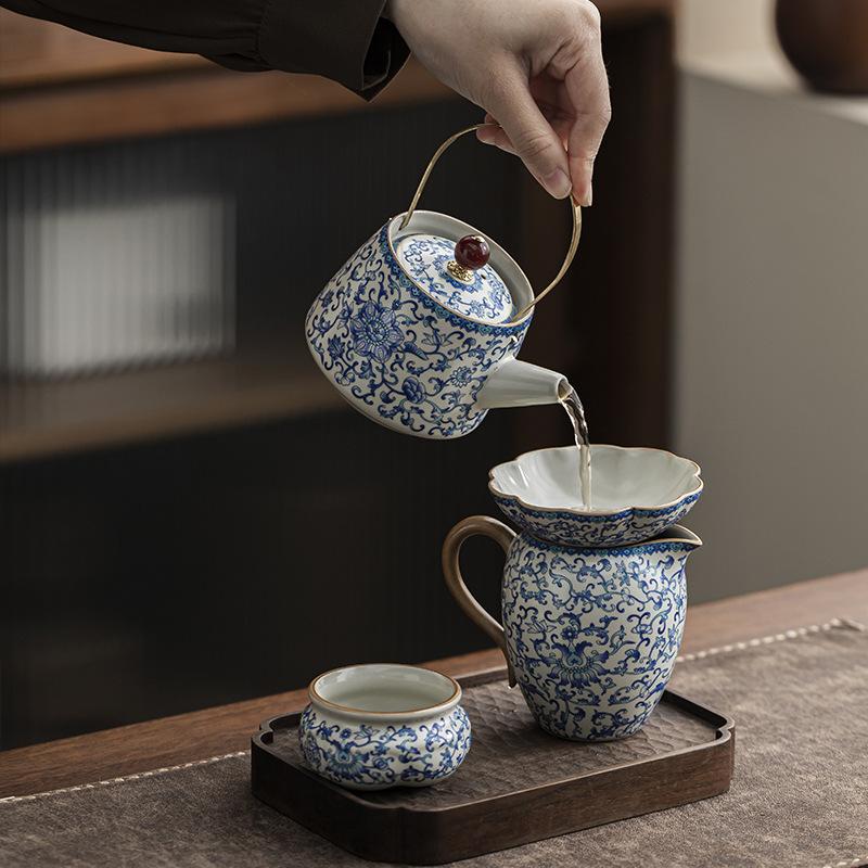 Beige Ru Kiln Teapot Household Brewing Teapot Kung Fu Tea Set Retro Single Pot Filter Chinese Beam Pot High-grade Blue and White