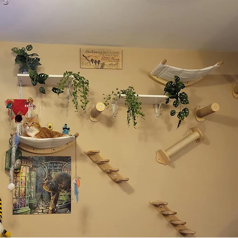 Cat Shelves for Wall 5 In 1 Cat Furniture Set with Soft Pad Space-Saving Wall Mounted Shelves with Toys for Play & Rest