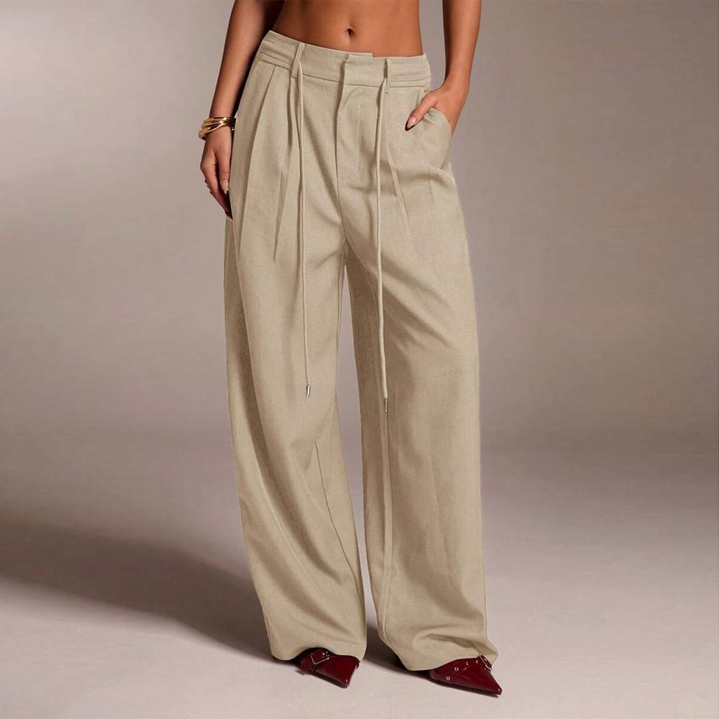 Women's Ffashionable Color Pocket Tie Loose Casual Suit Pants Commuting Straight Leg Casual Pants