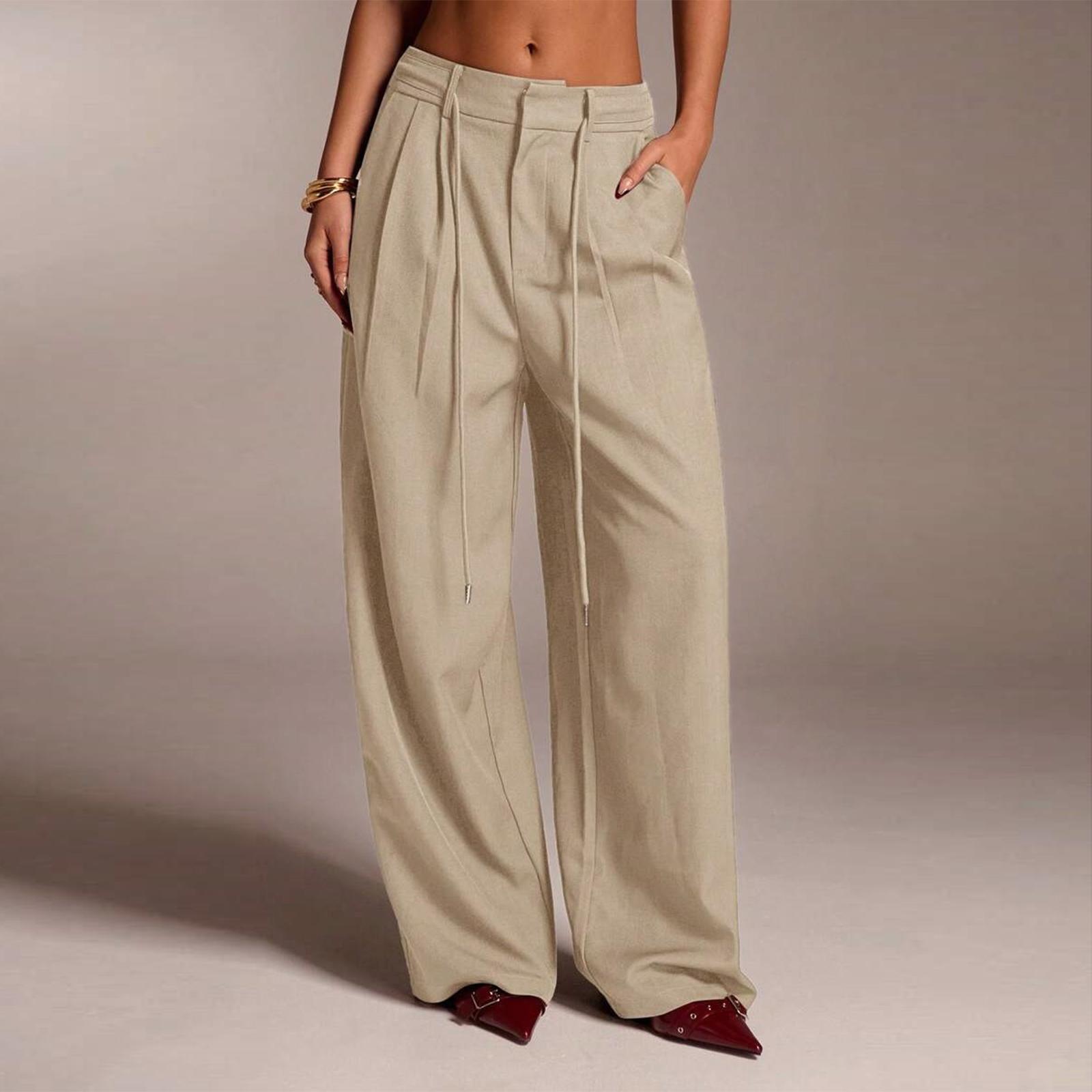 Women s Ffashionable Color Pocket Tie Loose Casual Suit Pants Commuting Straight Leg Casual Pants L бежевый