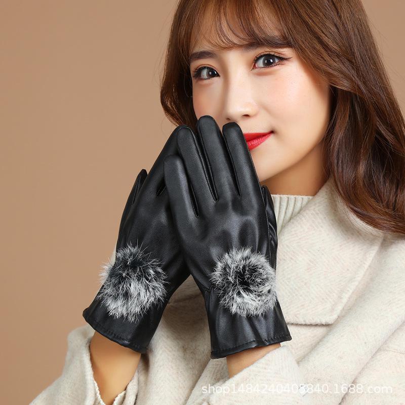 Women's Touch Screen PU Leather Gloves with Plus Velvet Lining for Winter Warmth