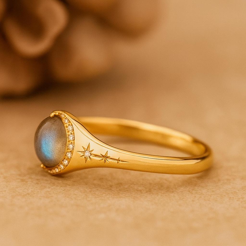 Himmlischer Labradorit-Ring für Damen | Vergoldeter Mondstern 925 Sterlingsilberring mit Zirkonia | Versprechen, Hochzeit, Jubiläumsgeschenk